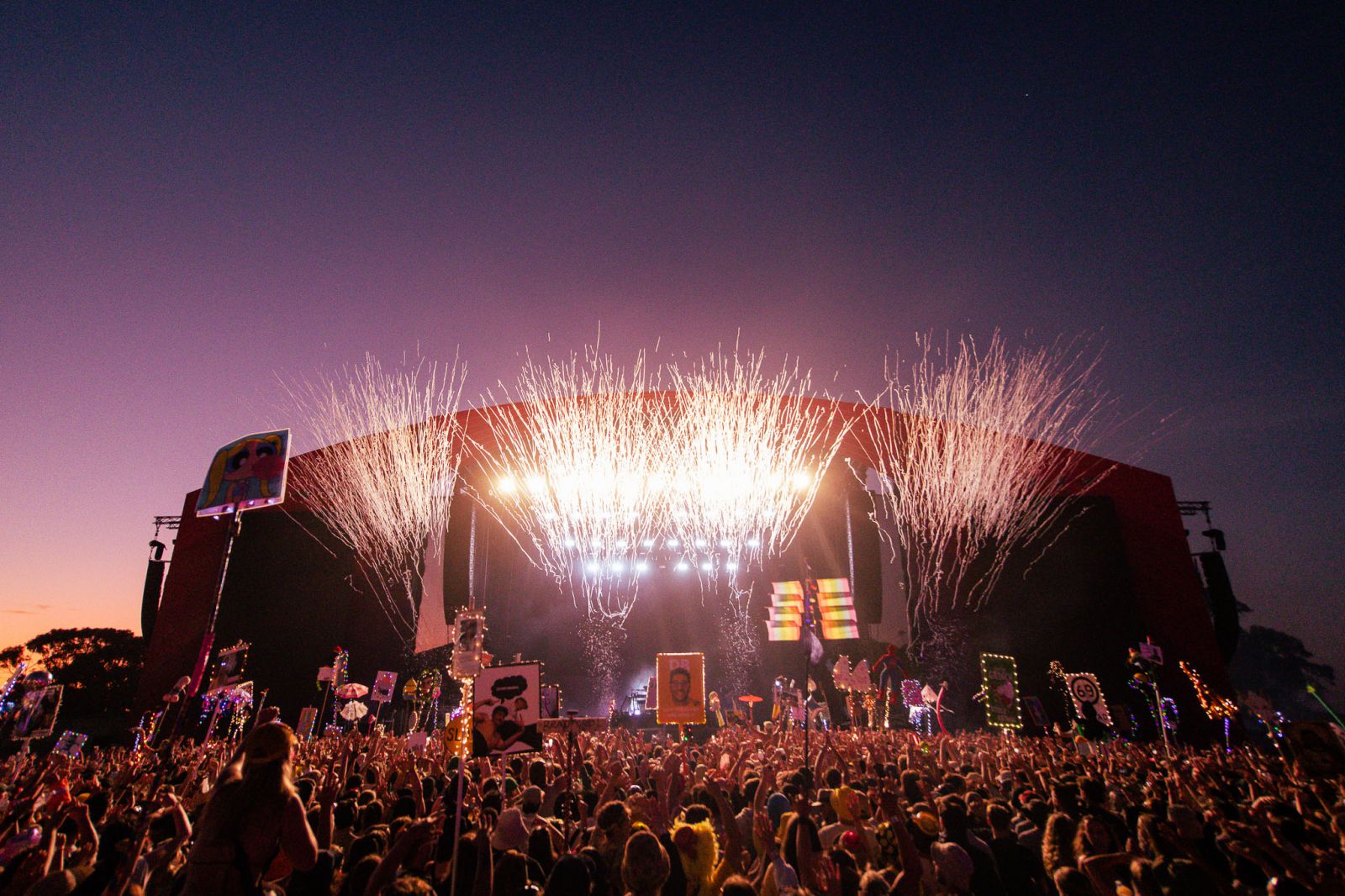 Fireworks explode from the stage as musician play in front of an amped up crowd at the Beyond The Valley Music Festival in Australia