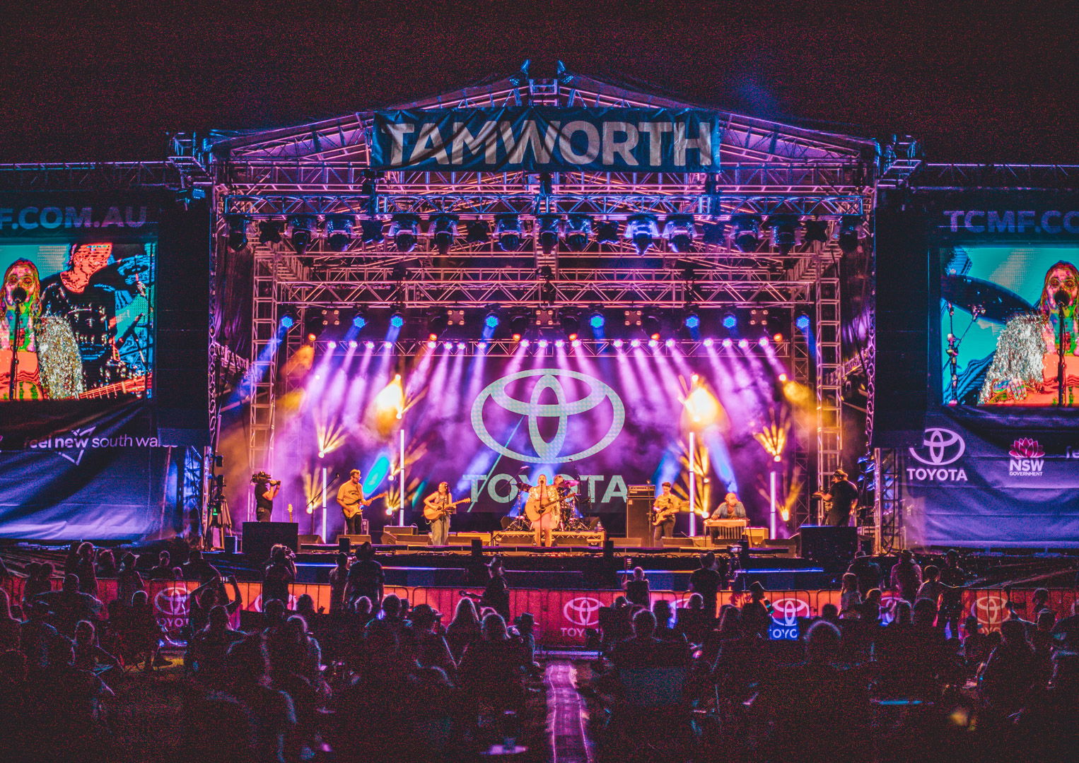 Tamworth Music Festival Main Stage at night time colourfully lit.